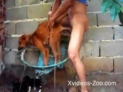 Young man with small dick has sex with defenseless dog outdoors